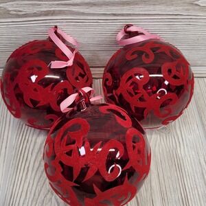 3 Red Glass Christmas Tree Ornament Velvet Flocked‎ Scroll Design Hand Blown Art